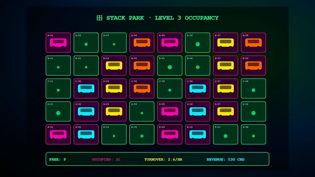 A futuristic urban mobility dashboard showing real time bus occupancy levels with neon colored icons shifting across a digital grid on a dark screen