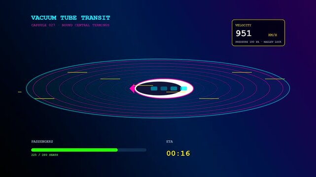 An advanced urban mobility dashboard monitors the decelerating velocity and estimated arrival time of a futuristic vacuum transit pod against a deep indigo digital backdrop