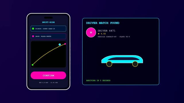 This sleek urban mobility dashboard displays a neon blue car arriving at a pickup point as a digital timer counts down against dark backgrounds