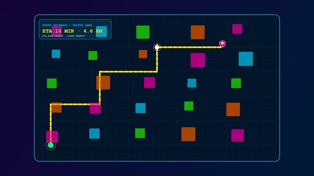 An advanced urban mobility dashboard showing a digital route marker traversing a geometric grid of colorful blocks with decreasing arrival time in a simulation