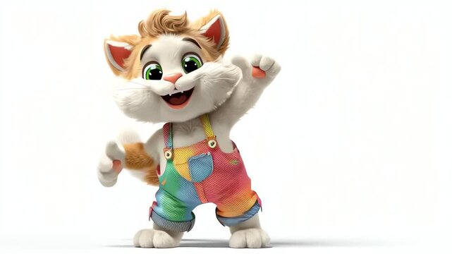 happy cartoon cat character in colorful overalls playful pose on white background