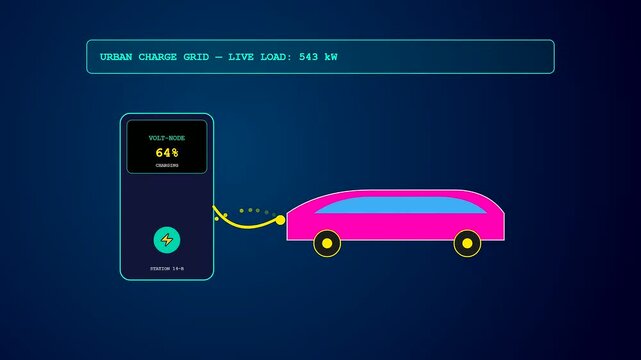 A stylized urban mobility dashboard visualizing shifting electrical loads as a vibrant magenta futuristic electric vehicle connects to a digital charging kiosk against deep navy blue