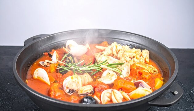 Mediterranean fish stew. Steaming hot kakavia packed with fresh catch and root vegetables in rich savory gravy.