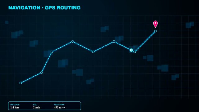 A sophisticated urban mobility dashboard showcases a glowing cyan navigation route with a magenta destination pin as a white marker travels across dark grids