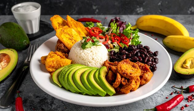 Latin American traditional food. Gourmet presentation of pabellon criollo with fresh avocado slices, ripe plantains, rice, and beans on a dark table.