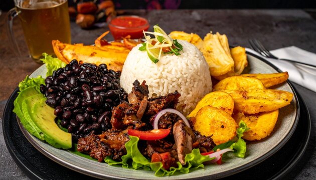 Authentic pabellon criollo meal. Latin American food platter with rice dome, sweet fried plantain slices, black beans, and tender pulled beef.