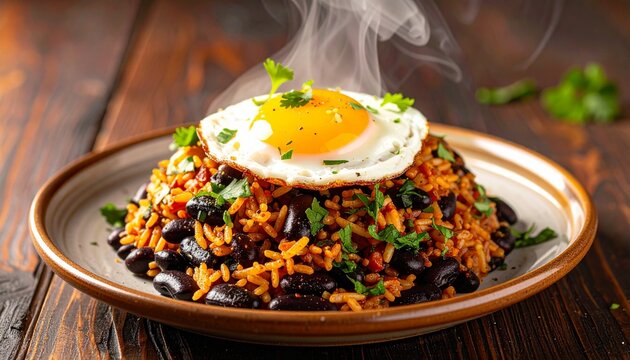 Gallo pinto with fried egg. Traditional Central American rice and black beans dish topped with a sunny side up egg and fresh herbs.