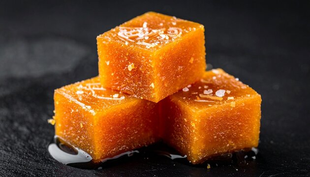 Mango coconut barfi. Traditional sweet fruit fudge cubes topped with shredded coconut on a dark background, authentic gourmet dessert food photography.