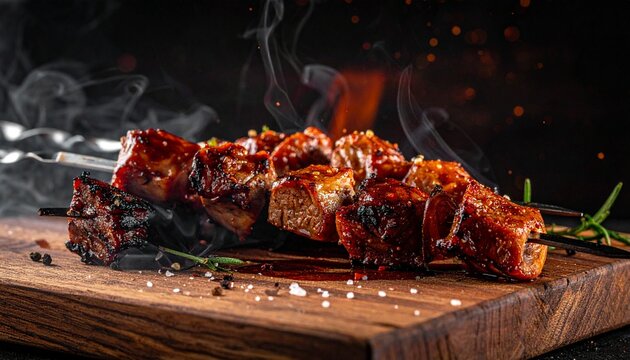 Spicy beef shish kebab. Smoking hot grilled meat skewers on a wooden board with fire flames, delicious barbecue street food photography for catering.
