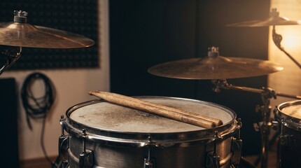Obraz premium Rock Music: Wooden Drumstick on Snare Drum with Warm Stage Light Background
