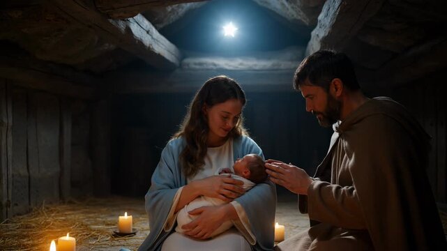 Nativity scene with Mary holding baby Jesus and Joseph praying in stable. Biblical reenactment of birth of Christ with shining star and candlelight in cave.