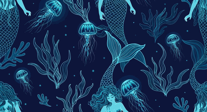 mermaid jellyfish seamless pattern underwater ocean with glowing marine life and seaweed creates a magical deep sea fantasy background