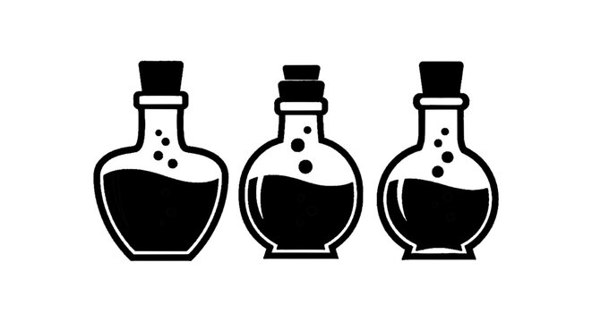 Vector illustration of set of three glass potion bottles with cork stoppers and bubbling liquid on a transparent background
