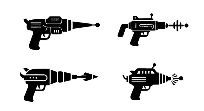 Vector illustration of set of retro ray gun icons, vintage scifi space blaster weapons on a transparent background
