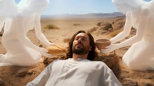 Jesus Christ resting in desert being ministered by angels. Divine holy encounter with angel offering bread and wine. Christian biblical reenactment scene concept.