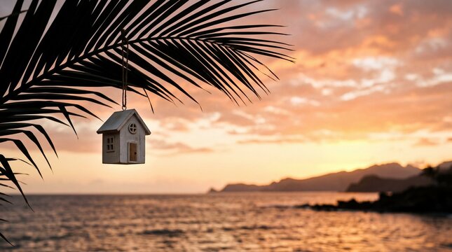 A small white house miniature hanging from a palm leaf against a golden sunset over the ocean, tropical real estate dream, vacation home concept, exotic island living.