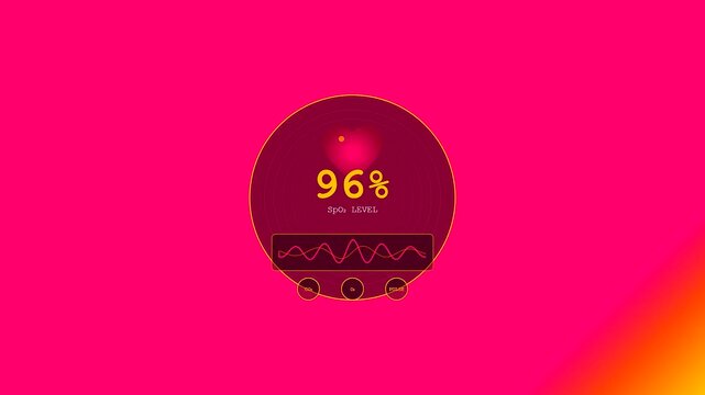 A futuristic display showing Smartwatch Health Tracking monitoring blood oxygen levels with a pulsating heart icon and dynamic waveforms over a vibrant neon gradient background