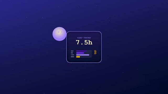A cinematic digital animation featuring Smartwatch Health Tracking updating sleep duration and quality metrics against a celestial cosmic backdrop to represent wellness and nocturnal biorhythms