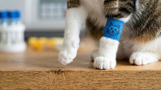 Close-up of a cat on a wooden surface with its paw wrapped in a blue bandage featuring a drawn cat face, veterinary pediatrics industry, pet minor injury care concept, compassionate healing theme.