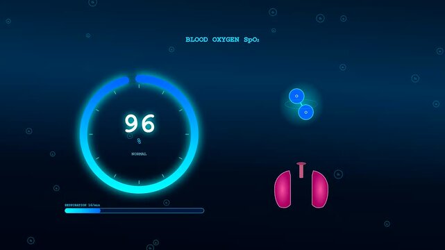 interface for Smartwatch Health Tracking monitoring arterial oxygen saturation and respiratory rhythms using luminous neon aesthetics and holographic anatomical lung visualizations in motion