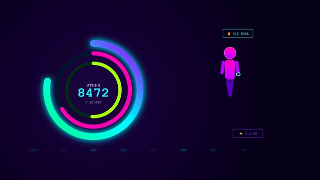 An immersive digital dashboard for Smartwatch Health Tracking features luminous concentric rings that expand to visualize physical activity metrics and caloric expenditure in motion