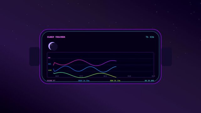 An elegant futuristic animation featuring Smartwatch Health Tracking data with oscillating vibrant neon lines gliding across a dark interstellar purple celestial atmosphere in motion
