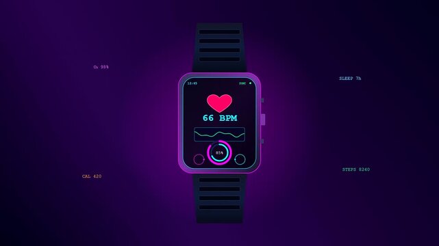 An immersive digital interface featuring Smartwatch Health Tracking metrics that dynamically fluctuate with glowing biometric data and pulsing heart animations against a dark purple void