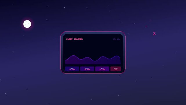 An animated digital interface showcasing Smartwatch Health Tracking as a sleek monitor analyzes nocturnal biometric data amidst a surreal midnight sky filled with drifting stars