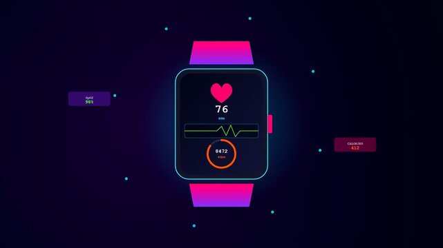 A futuristic animation of Smartwatch Health Tracking displaying real time biometric data and fitness metrics through vibrant neon interfaces on a dark cinematic backdrop