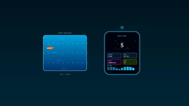 An avant garde Smartwatch Health Tracking interface monitors a swimmer navigating a digital aquatic lane while synchronously updating biometric metrics and lap performance data