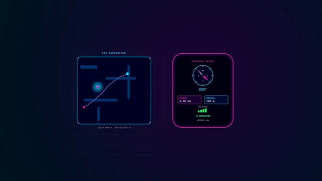 Smartwatch Health Tracking interface displaying a dynamic GPS navigation sequence with pulsating neon elements and fluctuating outdoor metrics for professional athletic endurance monitoring
