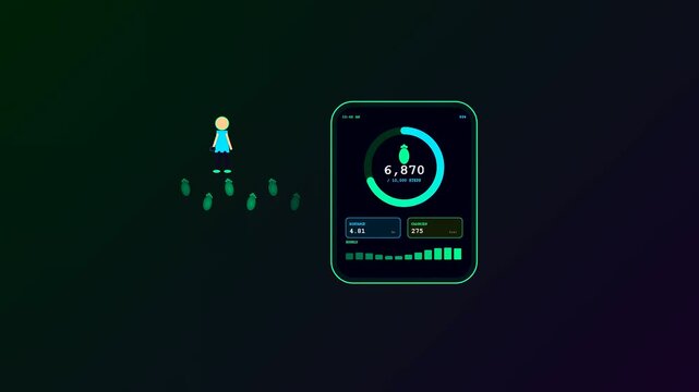 An evocative digital animation depicting smartwatch health tracking where a minimalist silhouette advances through an obsidian expanse while fitness data increments in vivid neon hues