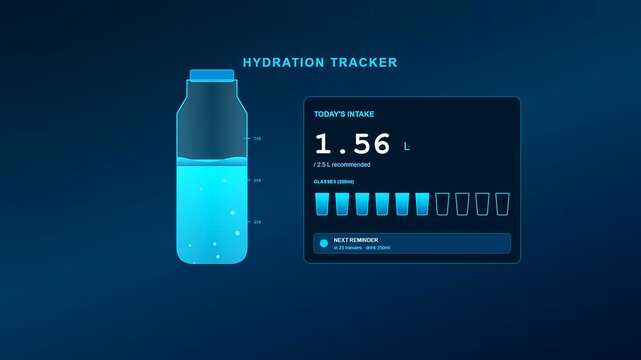 An intricate digital interface featuring Smartwatch Health Tracking monitors daily hydration levels through an animated translucent water bottle against a deep navy gradient backdrop