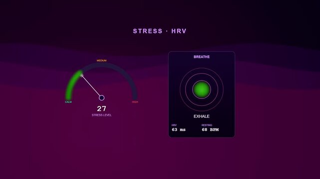 A sophisticated digital interface for Smartwatch Health Tracking demonstrating a real time stress reduction sequence through rhythmic breathing exercises on a dark violet background