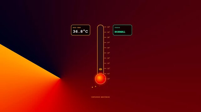 An advanced Smartwatch Health Tracking interface displays fluctuating body temperature metrics through a sleek digital thermometer graphic set against a dramatic red abstract void