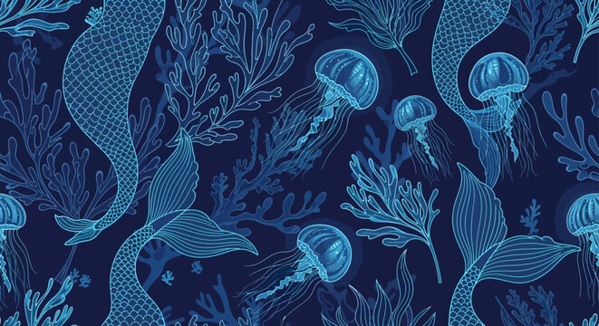 mermaid seamless pattern featuring elegant mermaid tails and glowing jellyfish amidst deep blue underwater coral perfect for mystical ocean designs.