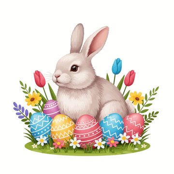 Illustration of a fluffy white Easter bunny sitting in green grass surrounded by colorful decorated Easter eggs with zig-zag patterns and spring flowers like tulips and daisies.