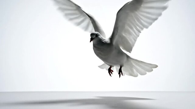 White dove flying with wings spread on clean studio background