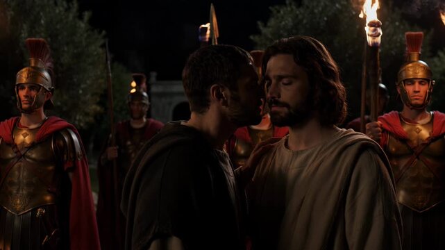 Judas displays betrayal of Jesus Christ by a kiss in a garden at night. Roman soldiers with torches surround them. Biblical scene of the passion of Christ event.