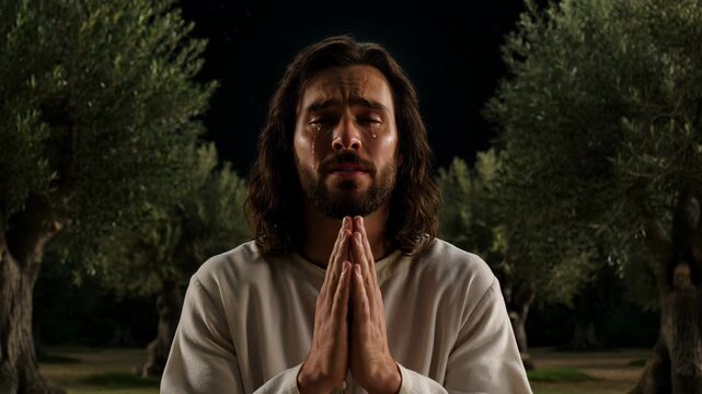 Jesus Christ praying in the garden of Gethsemane at night. Man in traditional robe weeping while kneeling. Biblical reenactment of the agony and divine devotion.