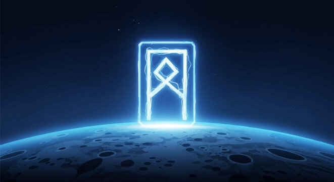 Glowing neon blue Othala-style rune symbol floating above a blue cratered moon surface in deep space with stars, ancient mystic energy sign illuminating a lunar landscape.