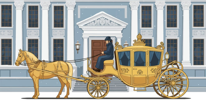 Ornate golden royal carriage with a single golden horse and coachman standing in front of a blue neoclassical palace facade with white columns and architectural details in winter.