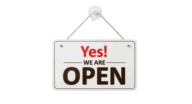 Minimal black silhouette icon, simple flat vector, bold black shape, no, no shading yes we are open sign hanging on a suction cup on a, flat icon style