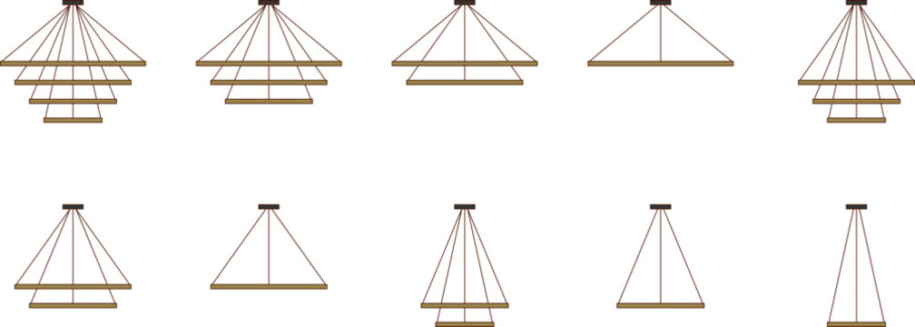 Technical drawing and 2D CAD blocks of various modern tiered chandelier designs featuring minimalist circular ring frames and multi-light suspensions