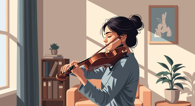 Young woman playing violin with intense focus and dedication.