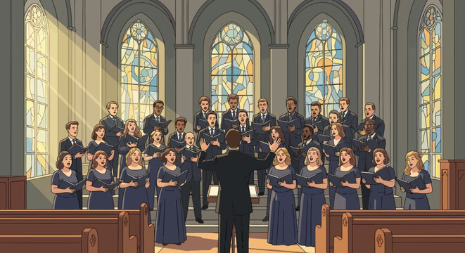 A diverse choir performs a harmonious concert, led by a conductor, showcasing their musical talent and dedication.