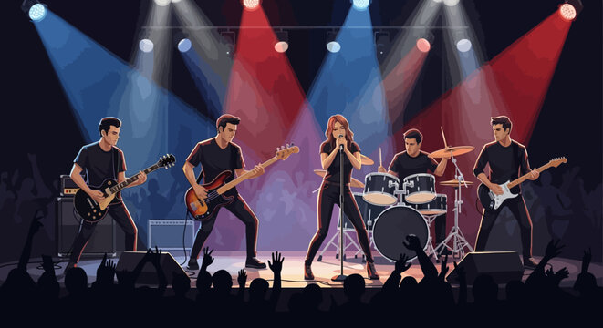 Dynamic rock band performs live concert on stage with vibrant spotlights.