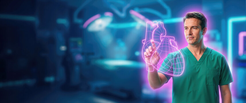 Male surgeon in green scrubs interacting with luminous magenta w