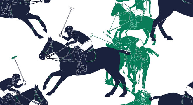 polo match with players on horses in navy blue and green silhouettes