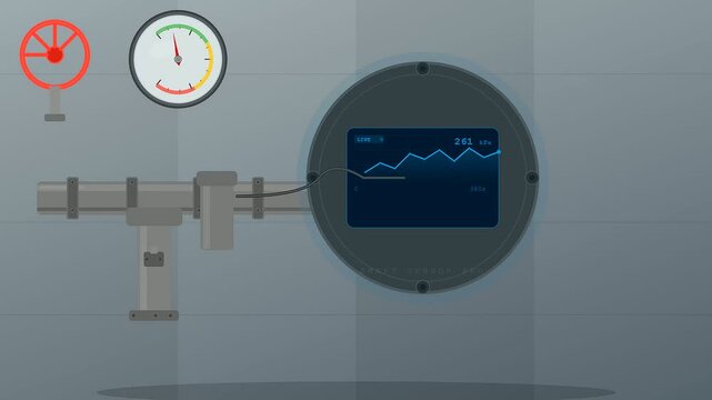 A sophisticated Ai Lab Discovery process illustrating real time pressure monitoring on a digital interface within a futuristic industrial facility showcasing technical precision and innovation